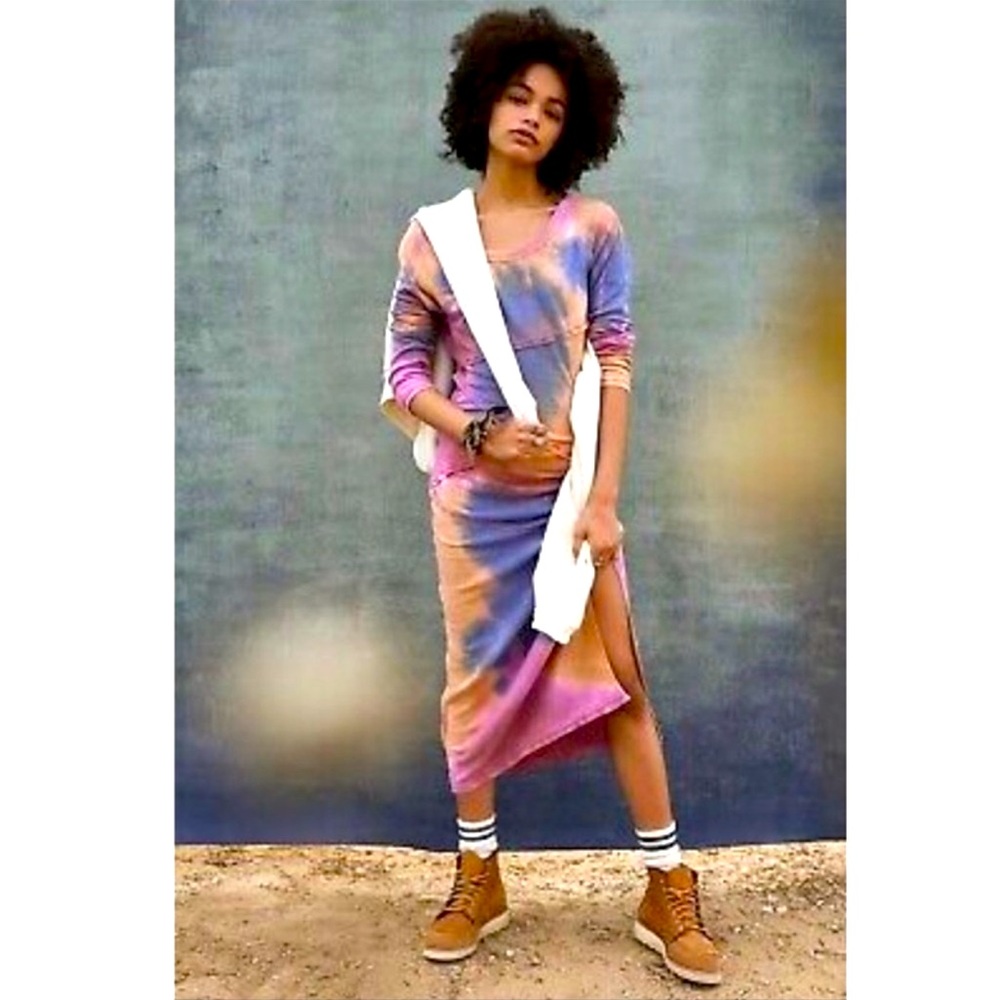 Free People True Colors Long Sleeves Midi Maxi Dress Ombré Tie Dye Size L
